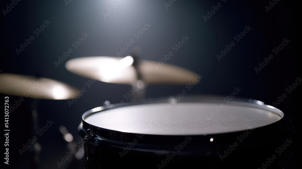 Obraz premium drum kit highlighted by single intense spotlight creates dramatic atmosphere
