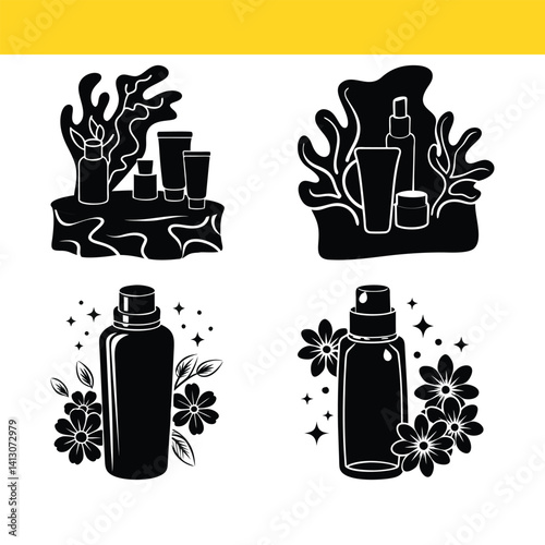 Vector illustration of a set of beer bottles with icons and design elements, featuring a black silhouette of bottles and cups as symbols of drinks and food