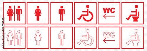 Toilet vector icons set, male or female restroom WC. Set of Red toilet sign on Transparent Background. EPS 10.