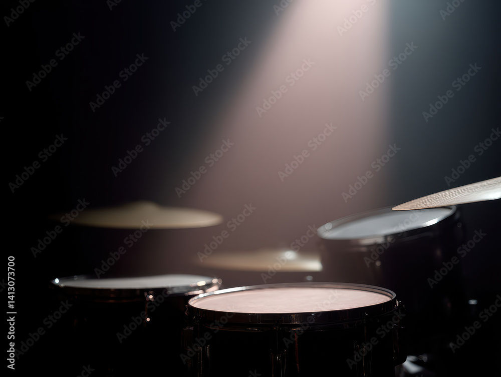 Fototapeta premium drum set is illuminated by beam of white light in dark room