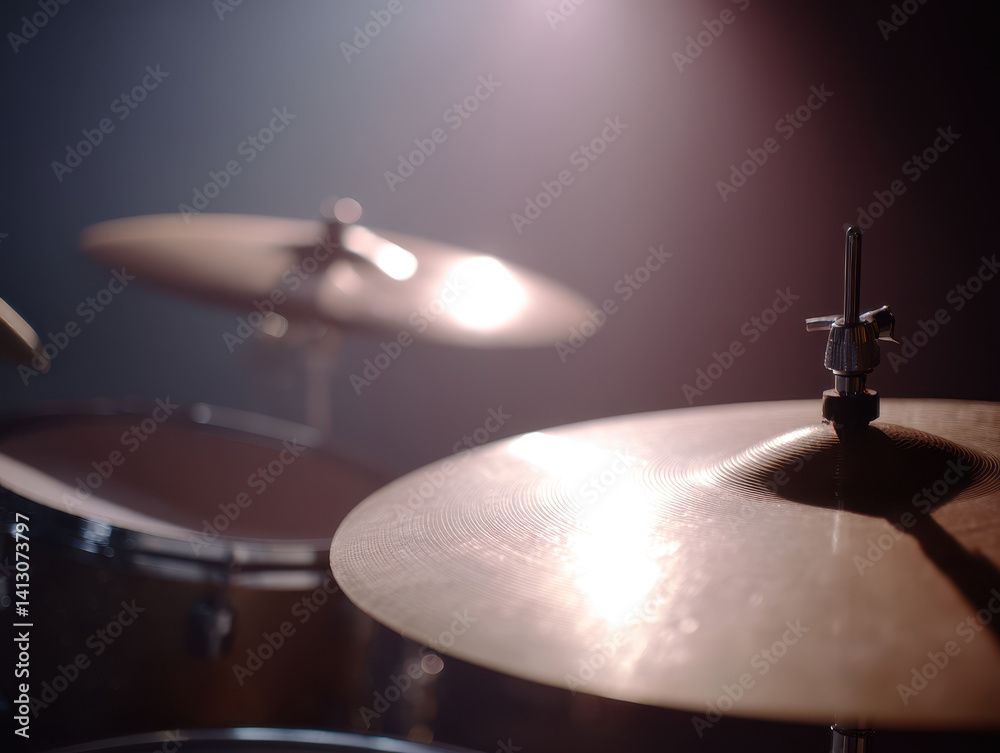 Obraz premium Cymbals shine under spotlight in dimly lit room, creating dramatic effect