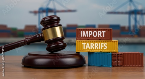 Gavel and cargo containers labeled import tariffs.