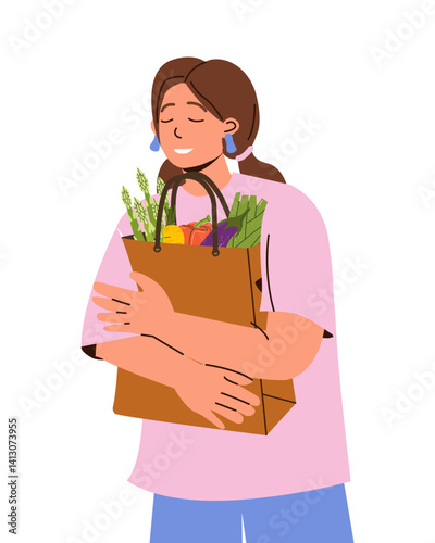 Vegan woman carrying healthy organic produce, natural vegetable. Character holding farm fresh products, food. Happy buyer from market. Concept of healthy food, healthy lifestyle, vegetarianism