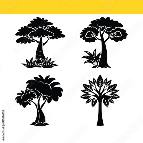 Silhouette of palm trees and tropical plants with beach and sun in a summer vacation setting