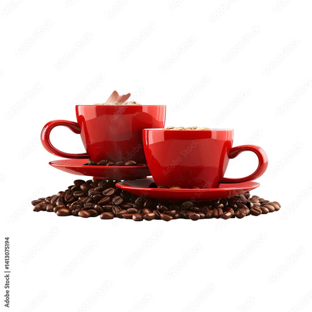 Obraz premium Two red cups of coffee with coffee beans isolated on transparent background PNG 