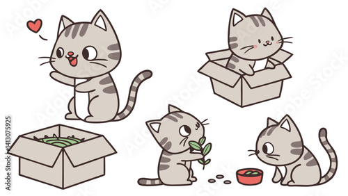 Cute Grey Tabby Cat Cartoon Vector Set Playing And Interacting With Boxes And Food Bowl Illustration