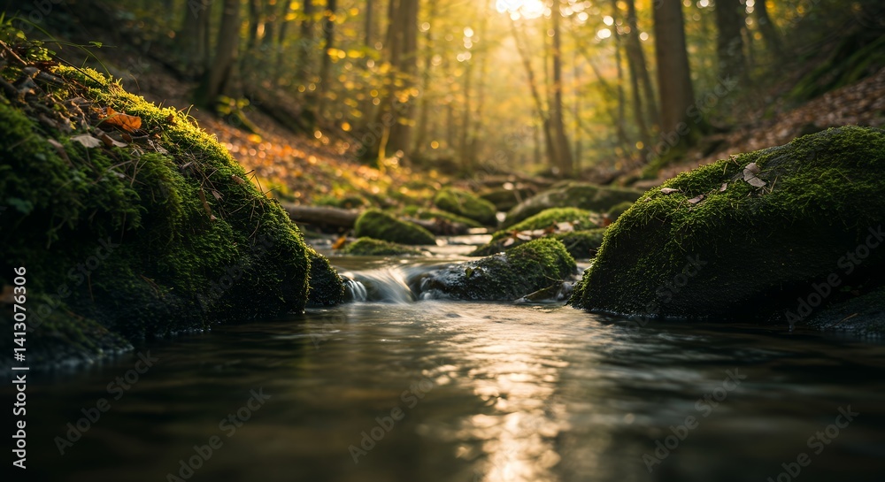 Obraz premium Serene Forest Stream: Mossy Rocks and Golden Sunlight