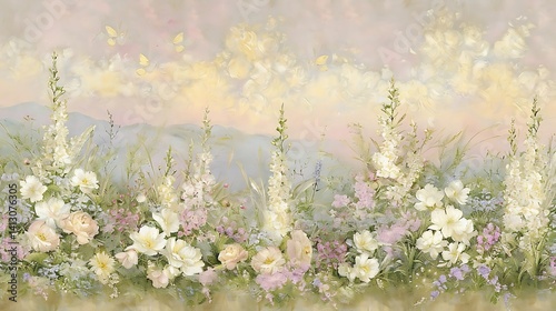 Serene Floral Abundance: A Tapestry of Wildflowers with Delicate Butterflies