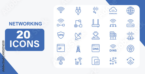 20 Networking Icons with WiFi, Router, Server, and DNS Symbols