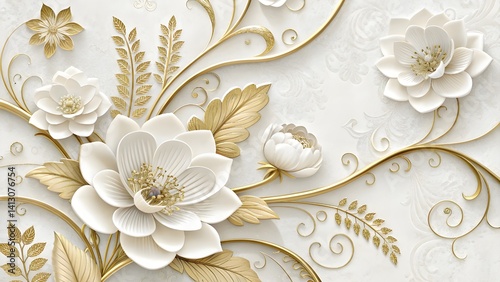 Elegant Modern And Luxury White And Golden 3D Flowers With White Background