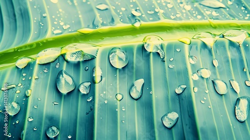 Close-up of a green leaf with water droplets, showing detail and texture