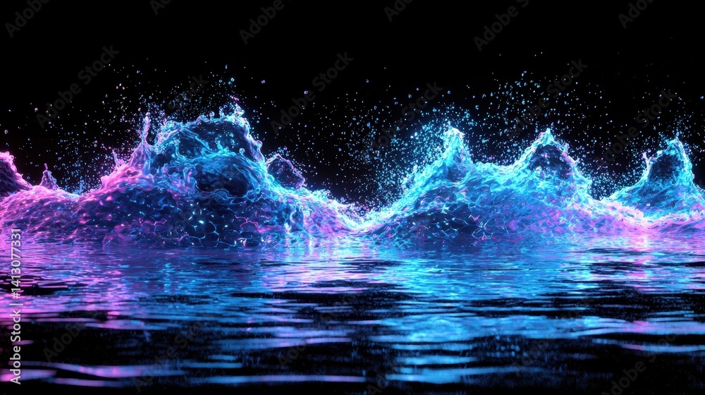 Fototapeta premium Bright waves are splashing in colorful hues of blue and pink at night. The water reflects the vibrant colors, creating a mesmerizing and dynamic display