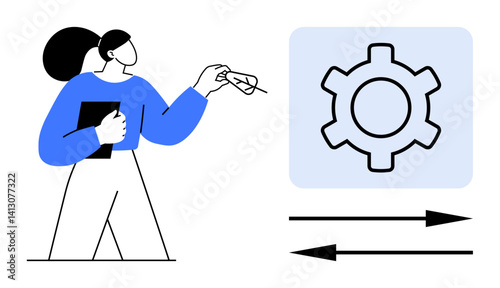 Woman holding clipboard and string, interacting with gear and arrows representing workflow optimization. Ideal for teamwork, productivity, management, efficiency, strategy, operations, and simple