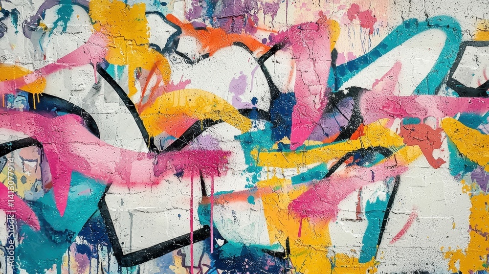 Fototapeta premium Vibrant graffiti art covers a brick wall with an array of abstract shapes and bold colors that create a striking visual impact in an urban environment during the day