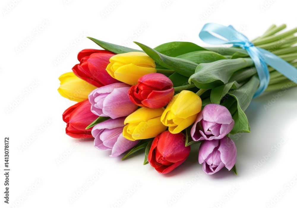 Obraz premium Colorful tulip bouquet with red yellow and purple flowers tied with blue ribbon isolated on white background in bright floral style spring celebration concept