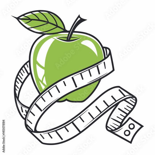 Green apple with measuring tape symbolizing health and fitness  