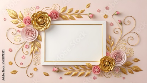 A Beautiful Pink And Golden Floral Card Frame With Beautiful Pink Border And White Background