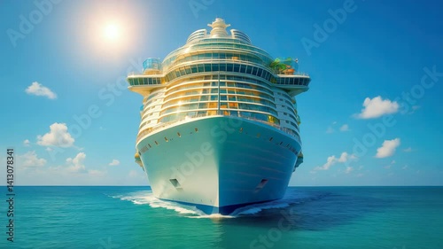 Majestic cruise ship navigating sunlit ocean on a clear day.