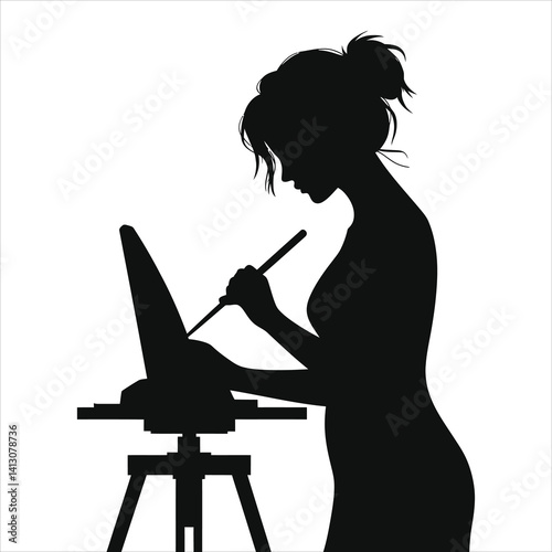 Silhouette of a woman painting, focused on creativity./A captivating black silhouette of a woman painting on an easel.