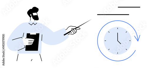 Man holding clipboard and pointing at clock symbolizing time tracking, planning, and efficiency. Ideal for productivity, scheduling, leadership, education, training, teamwork flat simple metaphor