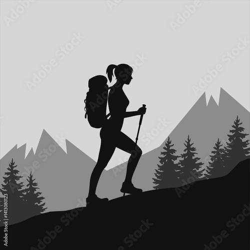 Woman Hiking Up Mountain Path in Silhouette/A black silhouette of a woman hiking uphill, carrying a backpack and using trekking poles, against a backdrop of mountains and pine trees.