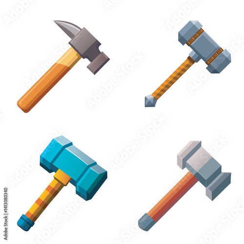 Isolated 3d metal work equipment shows a set of different tools including a hammer and nail for construction