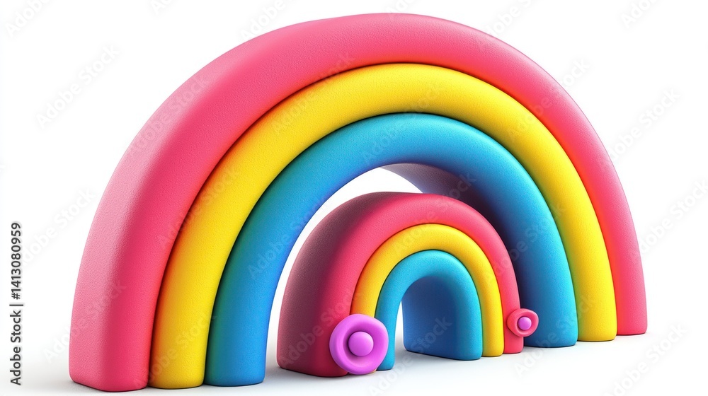 Obraz premium Playful Rainbow Arch: A vibrant 3D render of interlocking rainbow arches, featuring pastel colors and playful flower accents, ideal for children's illustration or design.