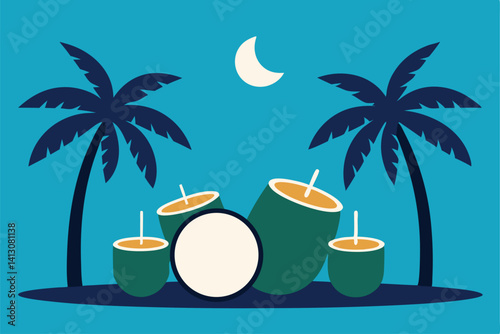 tropical island with palm trees and a cocktail