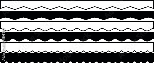 Scalloped edge seamless set. borders and dividers. Simple scalloped border. Repeat cute vintage frill ornament. Texture ribbons. Vector illustration isolated on white background.