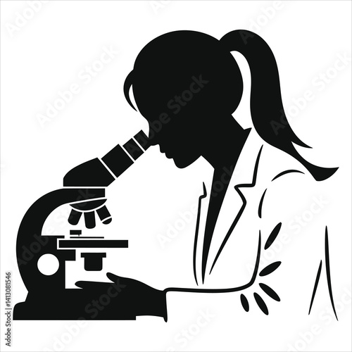 Focused Female Scientist Examining Specimen Under Microscope/A simple, black silhouette of a woman in a lab coat, intently looking through a microscope.