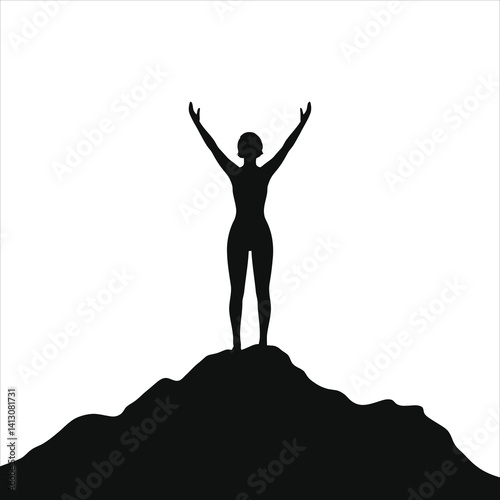 Empowering Woman Silhouette on Mountain Peak/A powerful silhouette of a woman with arms raised in triumph, standing atop a mountain against a light gray background.