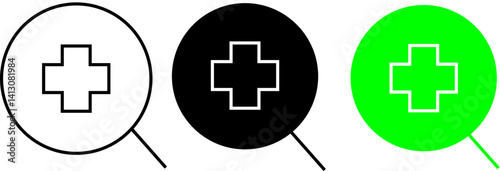 Magnifying glass icon focused on a medical cross, symbolizing medical research, diagnosis, or healthcare search – Transparent Background