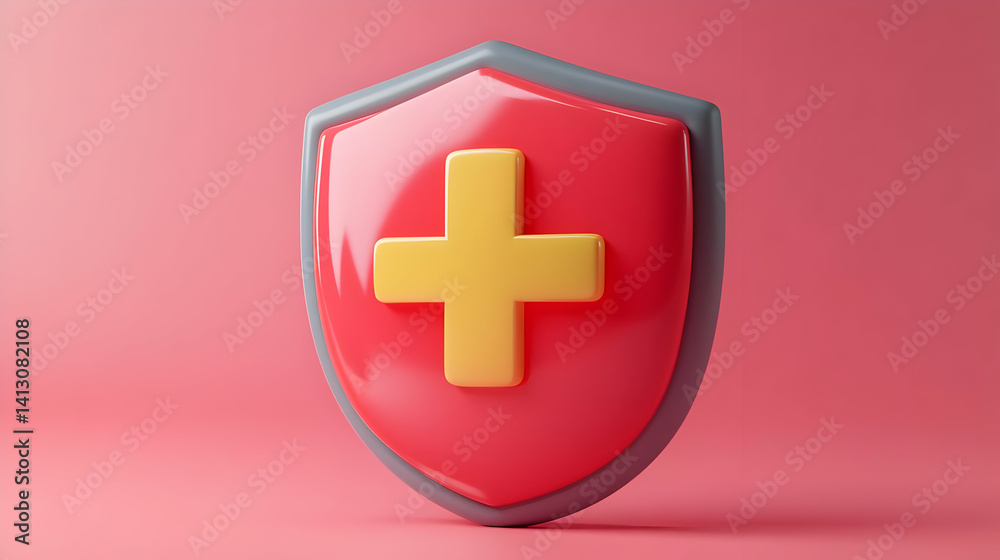Obraz premium Red Shield with Gold Cross Depicts Healthcare Safety and Protection on Pink Background in 3D Rendered Illustration