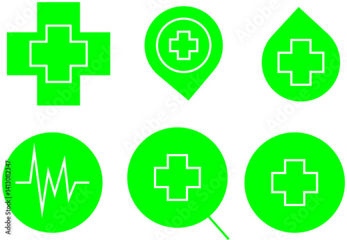 Medical icons: map marker, magnifier, medical cross, heartbeat, blood drop, circular health symbols for diagnostics and aid – Transparent Background.