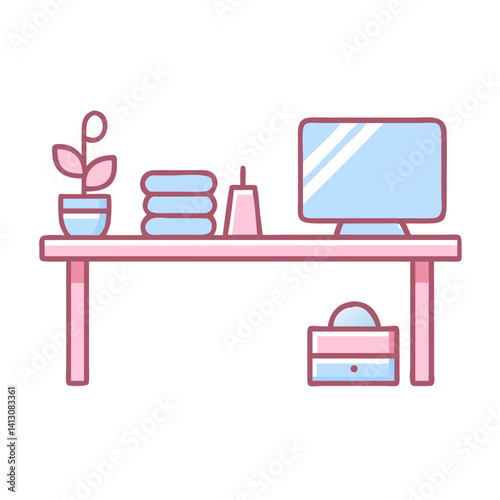 Calm Workspace Icon with Plant, Towels, and Computer on Desk  