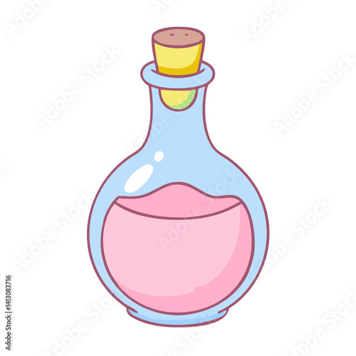Hand-drawn potion bottle with cork stopper and pink liquid in illustration style  