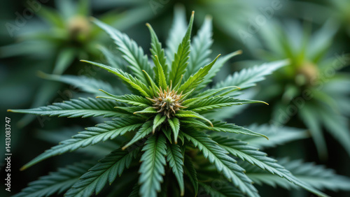 Close-up image of a cannabis bud with green leaves and orange hairs, displaying Tetrahydrocannabinolic acid (THCA) crystals. photo