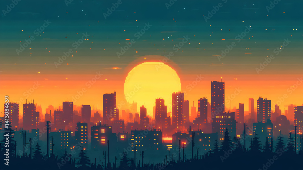 Fototapeta premium Retro Pixel Art Cityscape at Sunset Featuring Orange Skyline and Dark Silhouette Buildings in the Evening