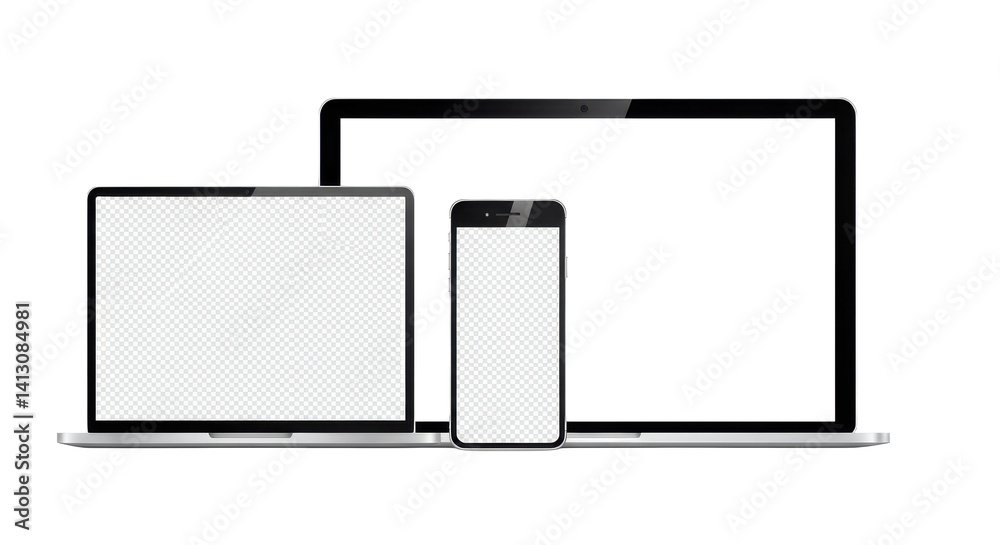 Devices showcasing laptop tablet and smartphone with transparent screens against black background Devices showcasing laptop tablet and smartphone with transparent screens against black background