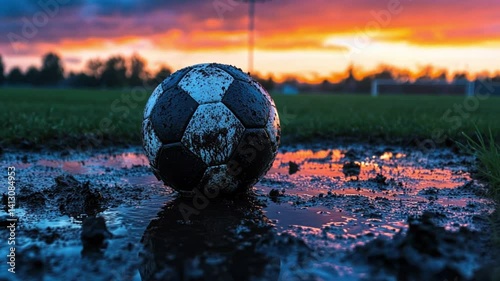 Muddy Soccer Ball at Sunset: A Dramatic Field Scene