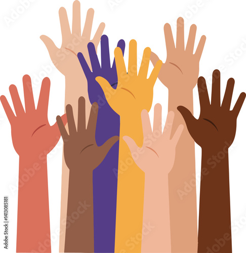 diverse raised hands showing unity and empowerment, flat vector