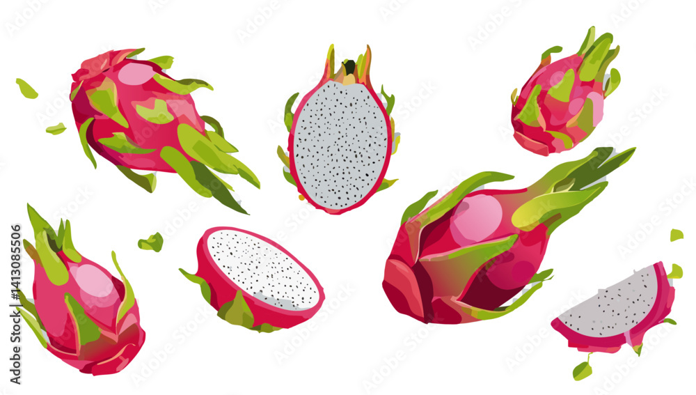 set of dragon fruits falling vector design