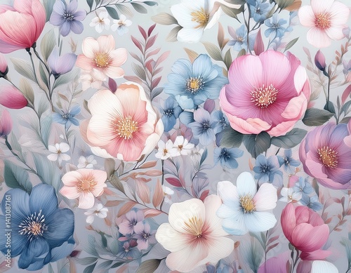 Elegant pastel floral pattern with pink, blue, and cream blooms