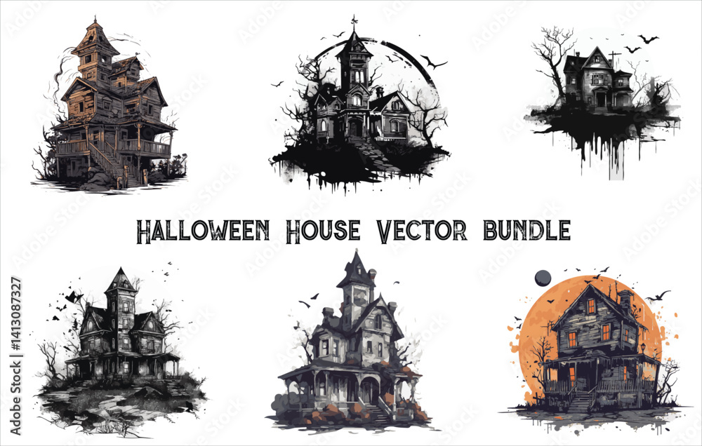 Horror house vector bundle , Horror vector bundle , Halloween house vector bundle , Halloween vector bundle , Halloween Haunted House Set Vector Design.