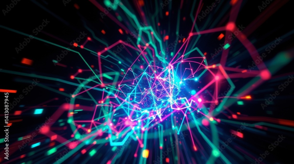 Fototapeta premium Neon Network: Abstract Burst of Pink, Teal, and Red Lines