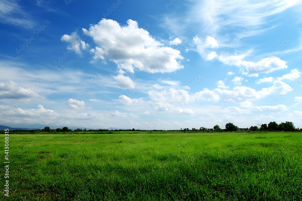 Obraz premium picturesque vista of emerald fields under a cheerful blue sky invites exploration of agricultural potential or consideration as prime real estate assets 