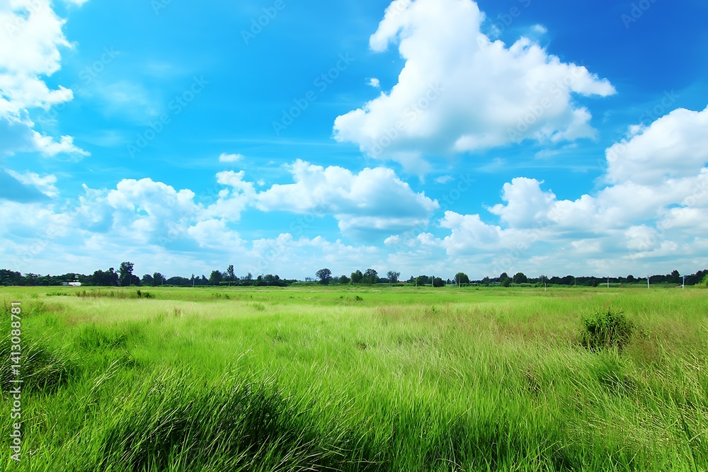 Fototapeta premium serene green pasture basking under a cloud-speckled blue sky embodies fertile grounds ideal for cultivation projects or prospective land acquisitions 