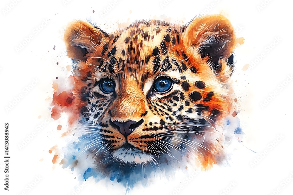 Obraz premium Adorable leopard cub portrait, rendered in artistic watercolor style.