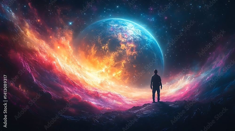 Fototapeta premium A solitary figure gazes at a vibrant, otherworldly planet.