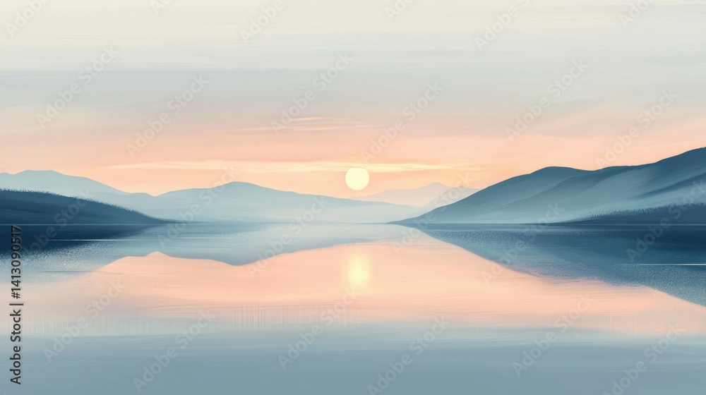 A serene sunrise unfolds over a peaceful lake, casting soft colors on the water's surface. The distant mountains are silhouetted against the lightening sky, creating a calm atmosphere A serene sunrise unfolds over a peaceful lake, casting soft colors on the water's surface. The distant mountains are silhouetted against the lightening sky, creating a calm atmosphere